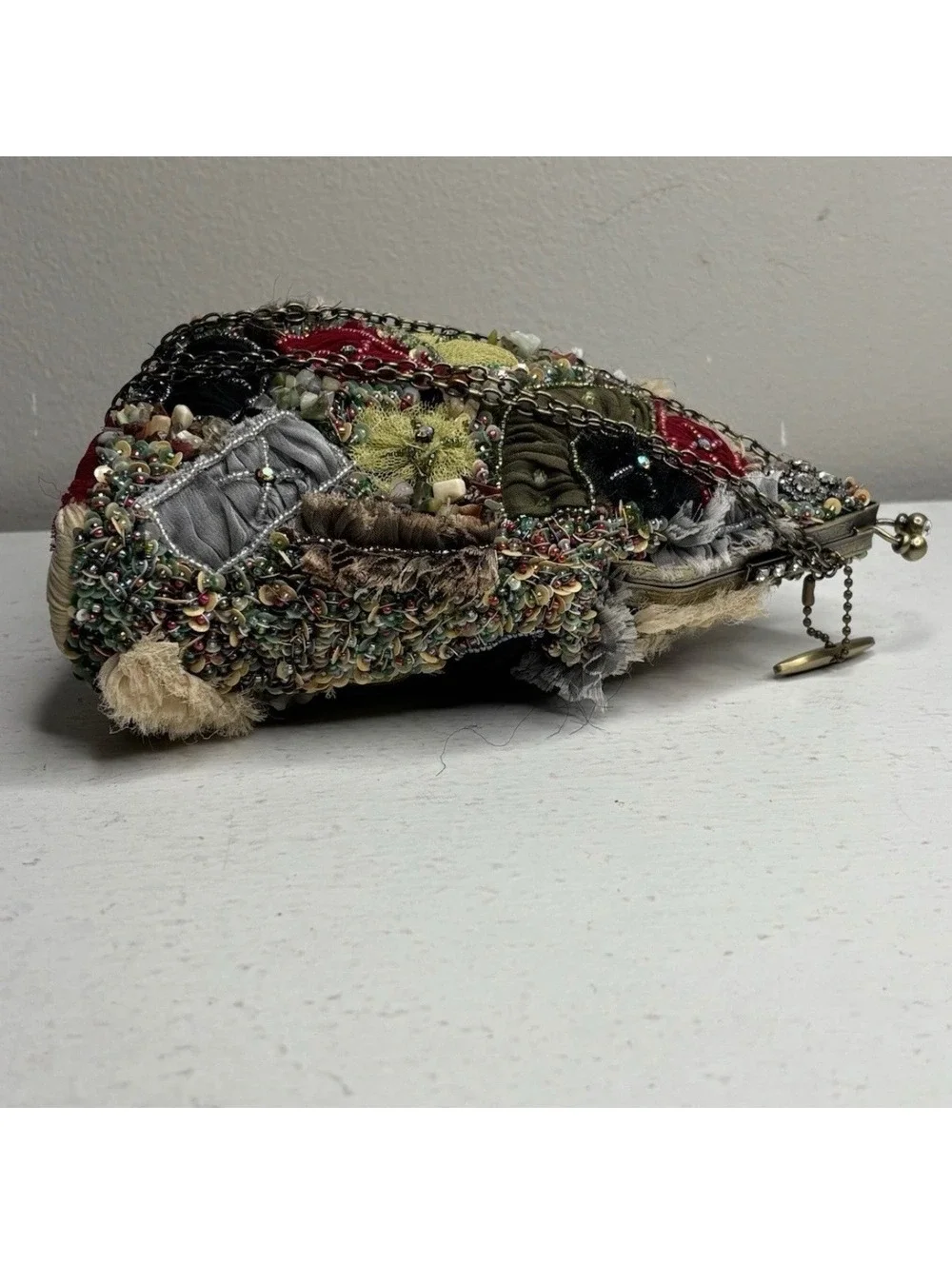 Mary Frances Mixed Media Beaded Patchwork Hobo Purse with Adjustable Strap